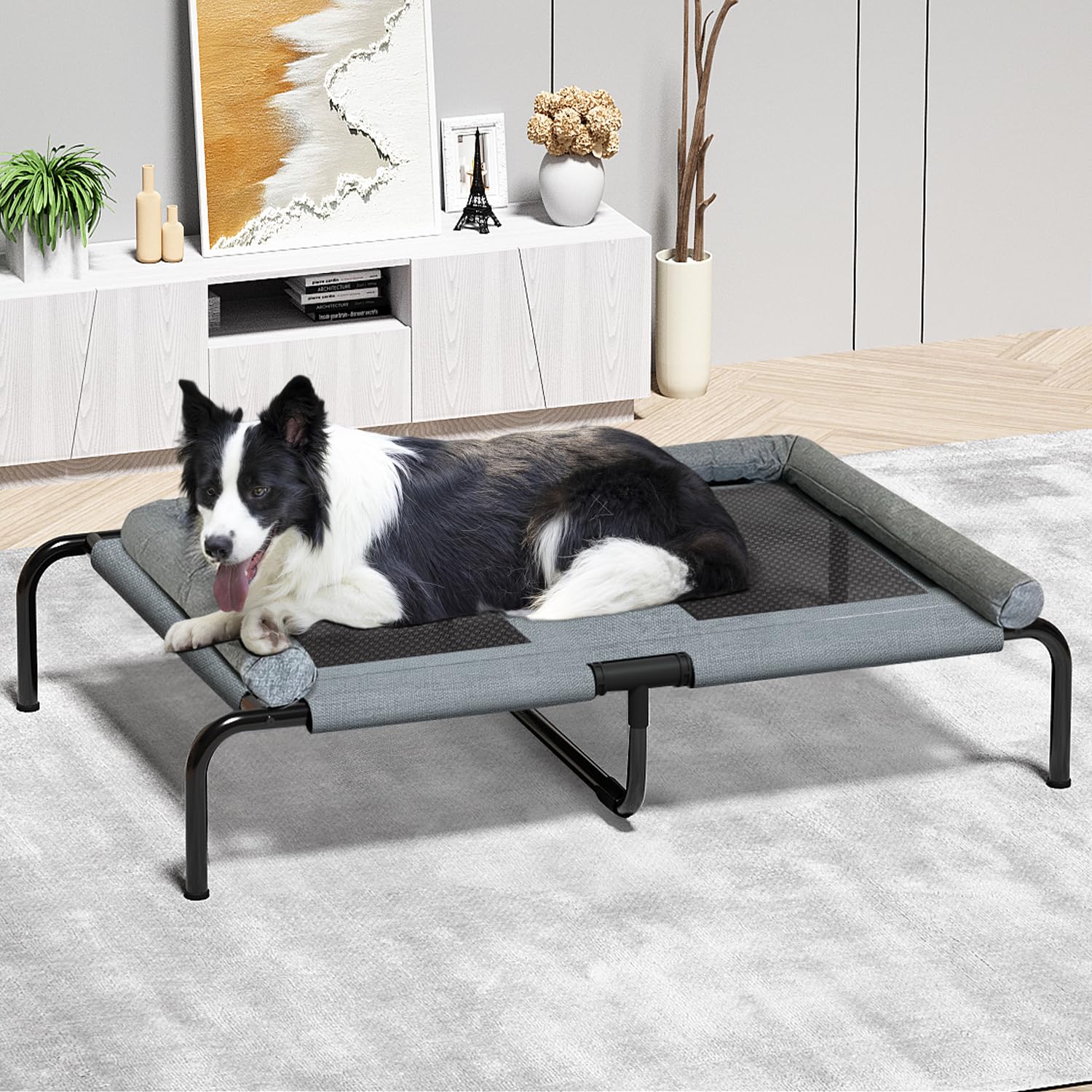 PETIME cooling elevated pet bed with breathable mesh for cooler outdoor rest.