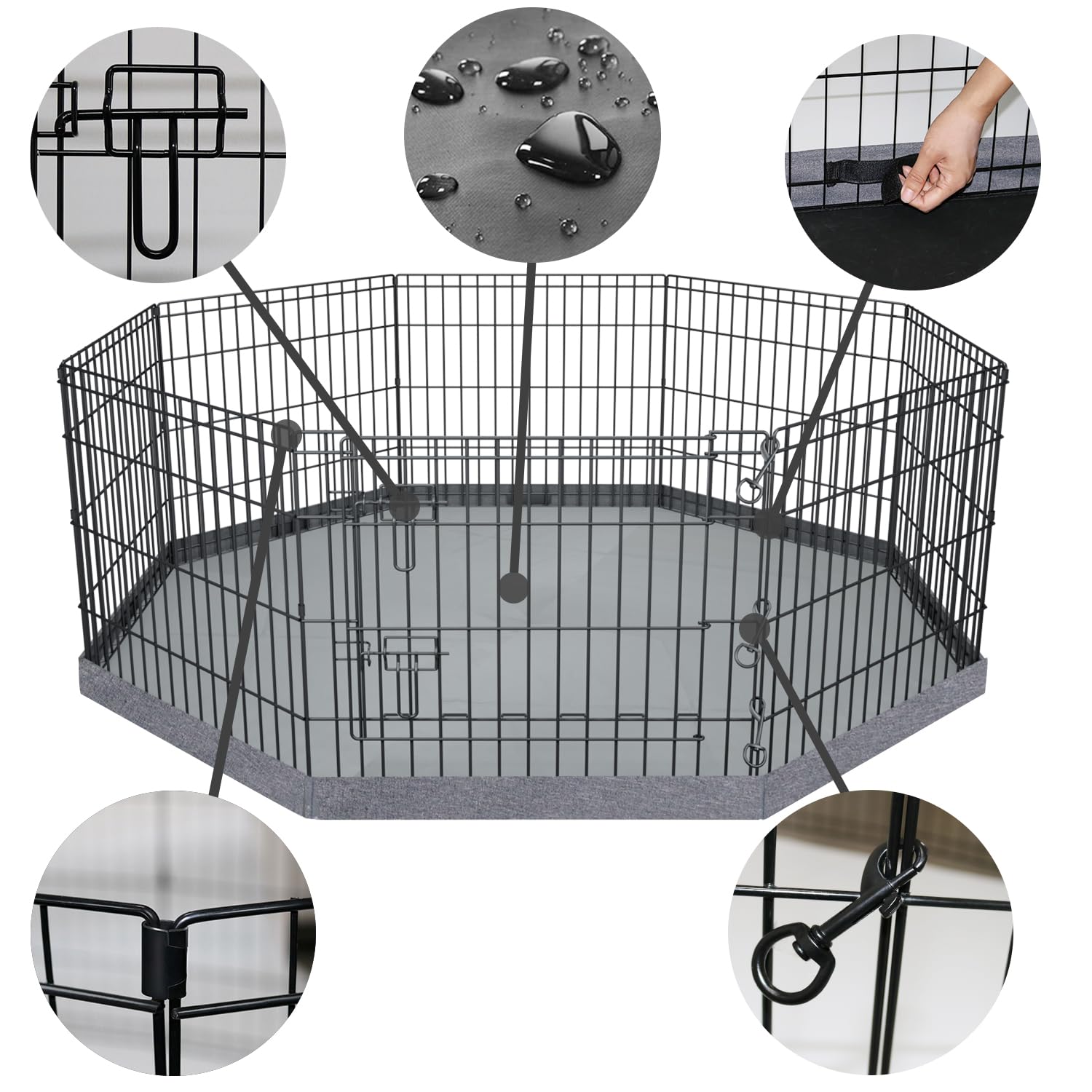PETIME foldable dog pen side panel highlights tool-free setup for quick containment.