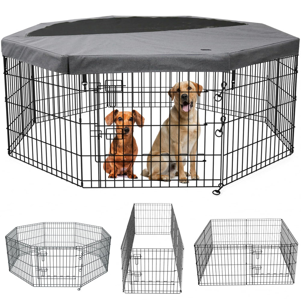 PETIME foldable dog pen top cover provides shade during outdoor play.