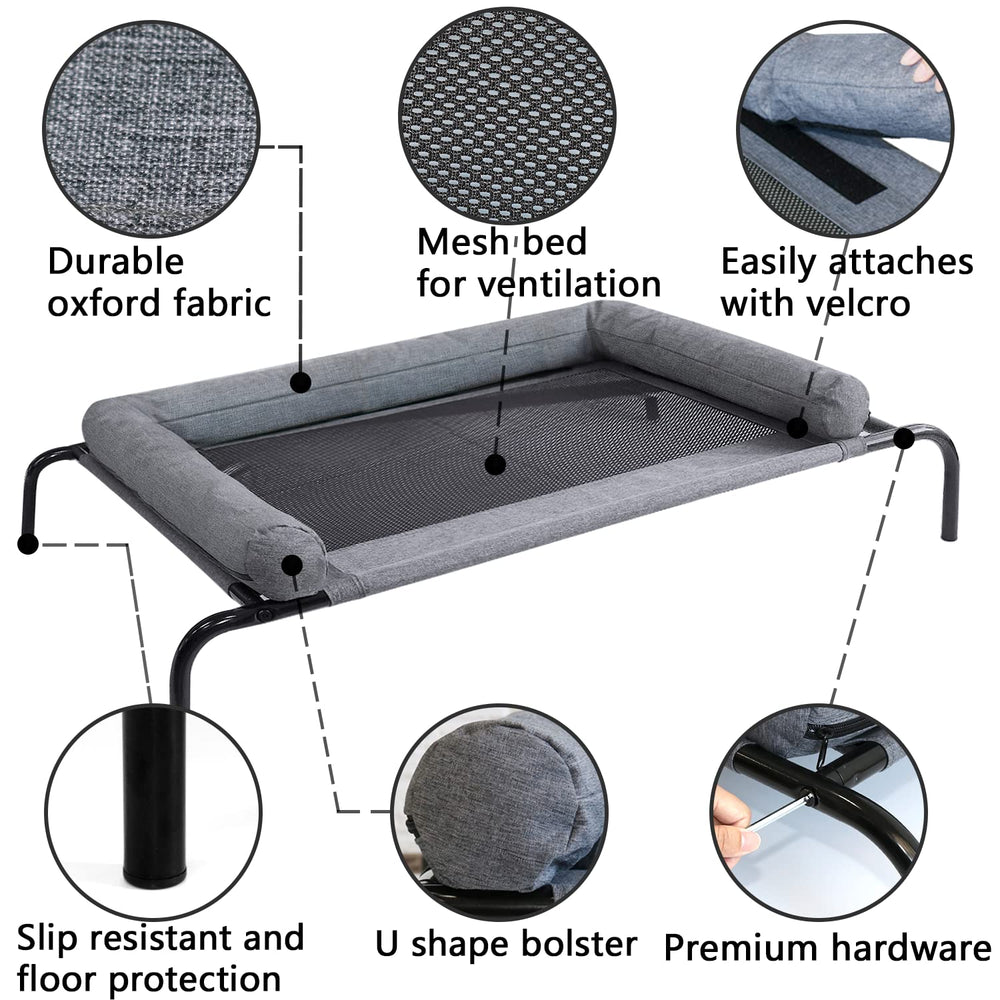 PETIME raised dog cot side view highlights durable powder-coated frame and stability.