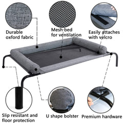 PETIME raised dog cot side view highlights durable powder-coated frame and stability.