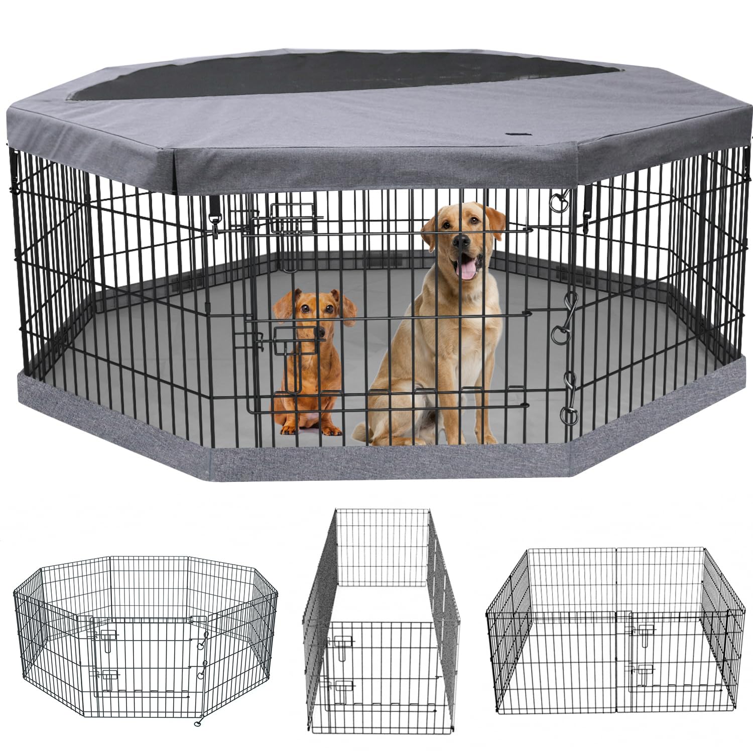 PETIME Foldable Dog Pen top cover shields sun for outdoor play.