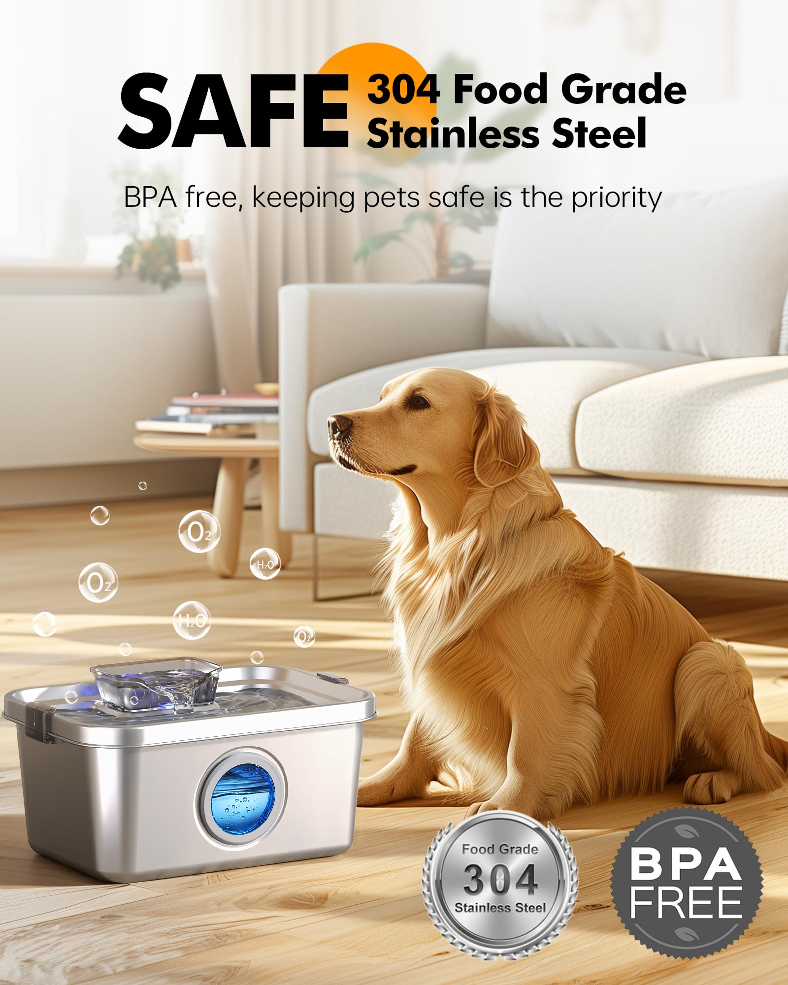 PETIMI 304 stainless steel construction for durable, safe drinking.