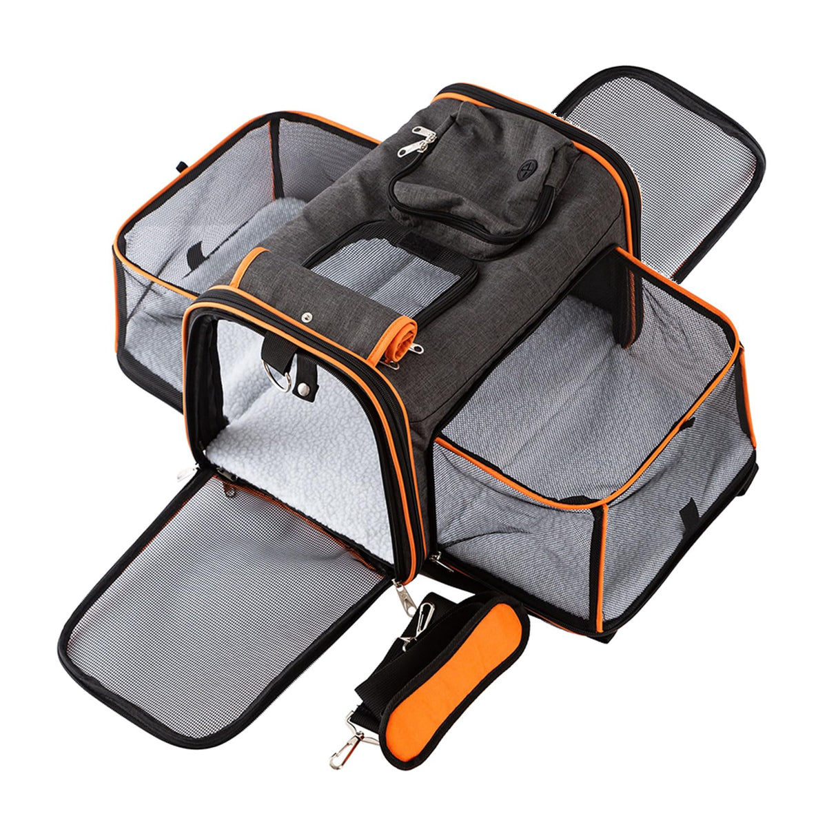 Petinstinct expandable carrier under-seat design for easy airline travel.