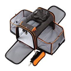 Petinstinct expandable carrier under-seat design for easy airline travel.