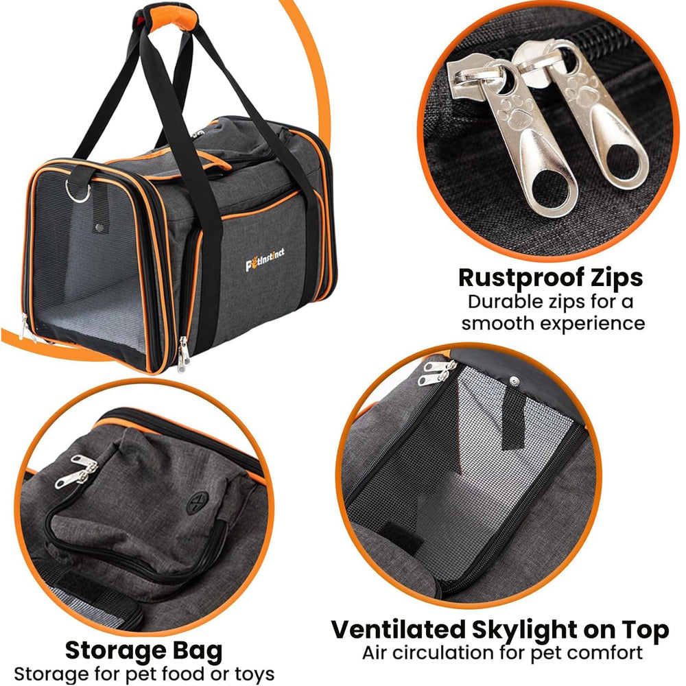 Petinstinct soft-sided interior with removable wool mat for comfort.