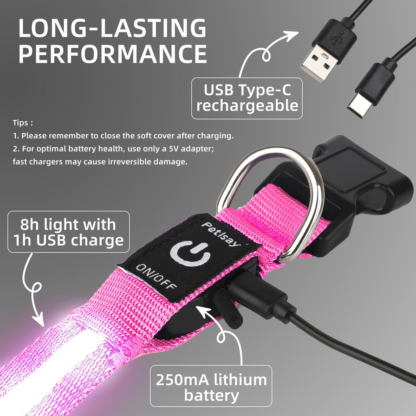PetIsay three-mode collar lets fast, slow, or steady lighting.