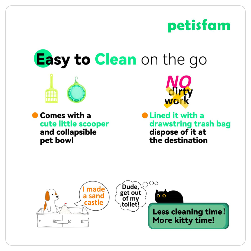 Petisfam easy-clean material for quick after-trip washing.