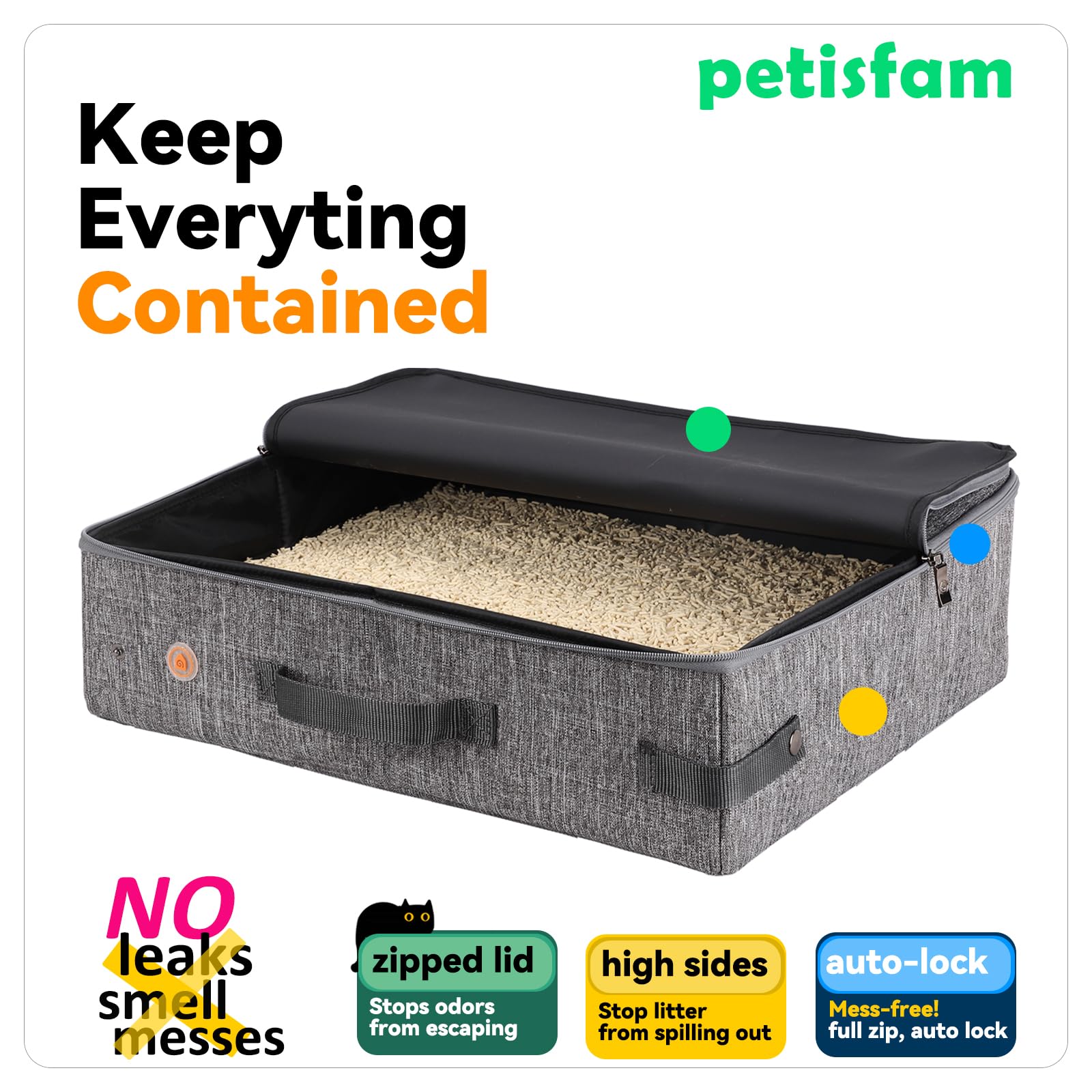 Petisfam leak-proof top design reduces spills and minimizes odors.
