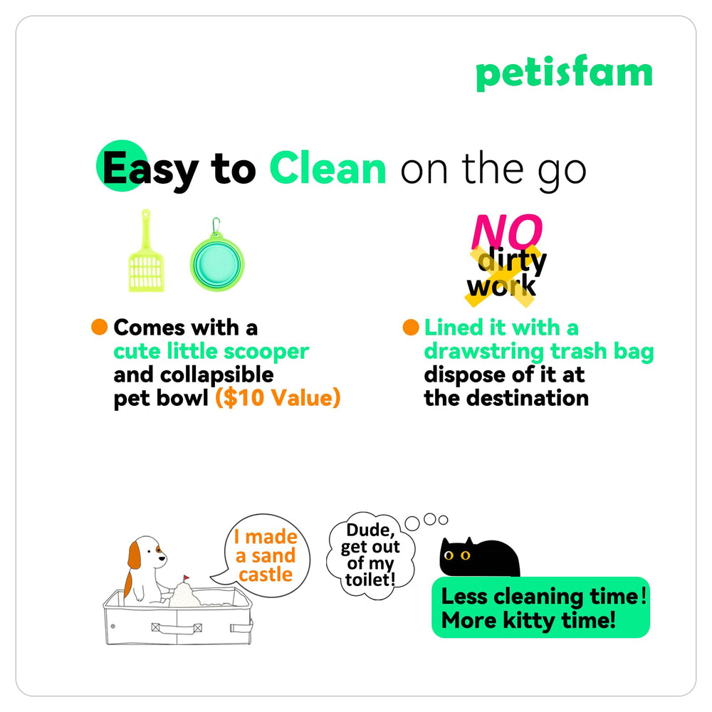petisfam portable travel litter box zip-top keeps litter secure and odor-contained
