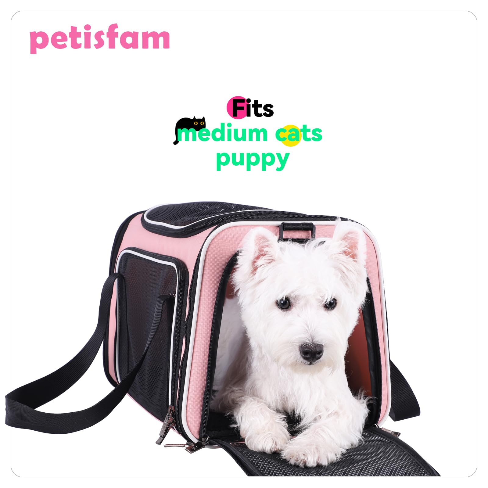 petisfam soft carrier includes a cozy bed for pet comfort.