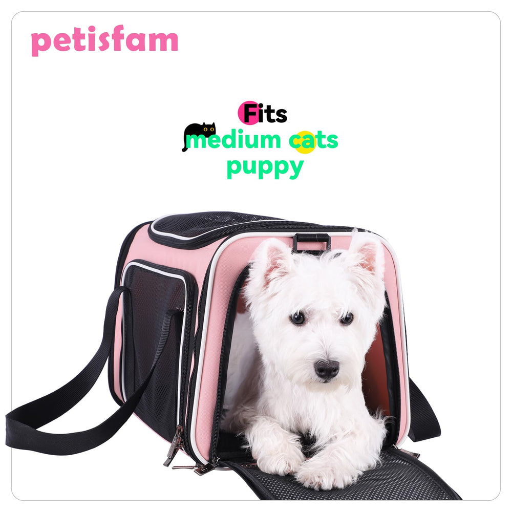 petisfam soft carrier includes a cozy bed for pet comfort.