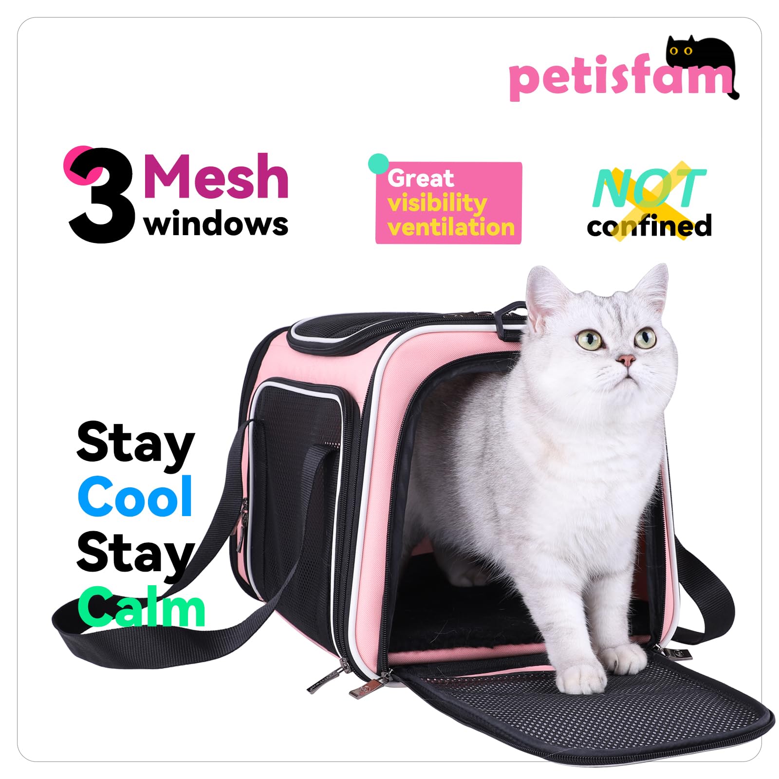 petisfam soft carrier with escape-proof zippers for secure travel.