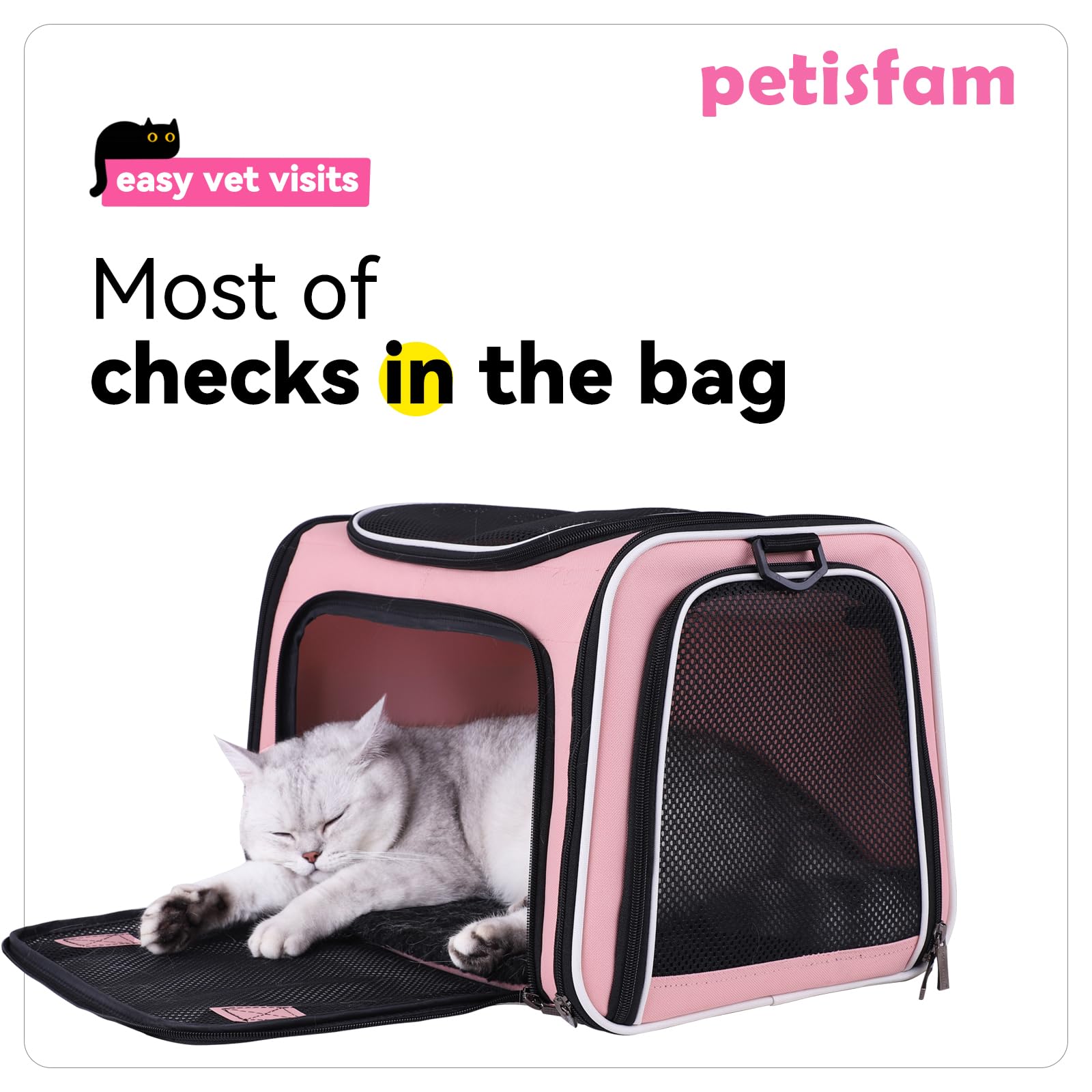 petisfam soft carrier securely attaches to car seats with belt.