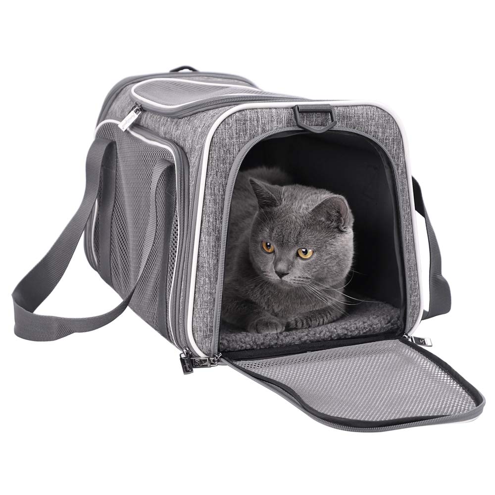 petisfam top load cat carrier bag demonstrates easy pet entry for quick loading