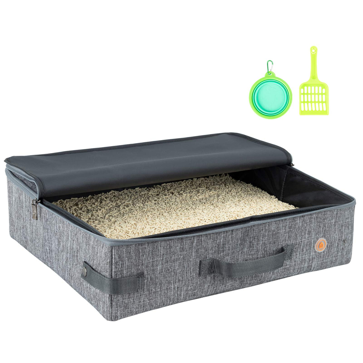 Petisfam travel litter box with zipper closure keeps litter contained and odors in check.