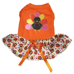 Petitebella Rainbow Turkey Dress in orange for medium dogs, ideal for cute Halloween or Thanksgiving photos.