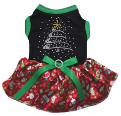 Petitebella Rhinestone Christmas Tree Dress on puppy, front view highlighting holiday sparkle