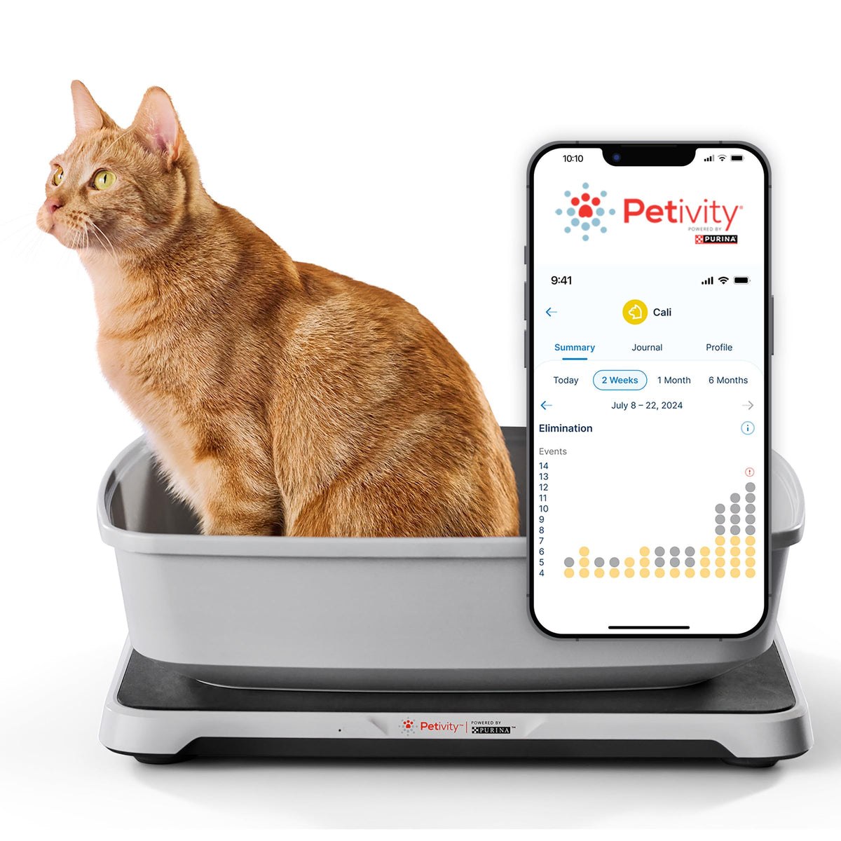Petivity Smart Litter Box Monitor front view showing weight tracking and activity.