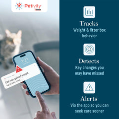 Petivity Smart Litter Box Monitor weight scale display highlights precise readings.