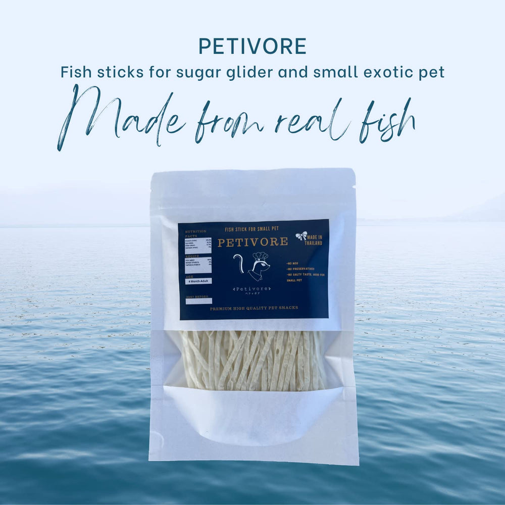 PETIVORE fish-stick close-up bite texture for small pets.
