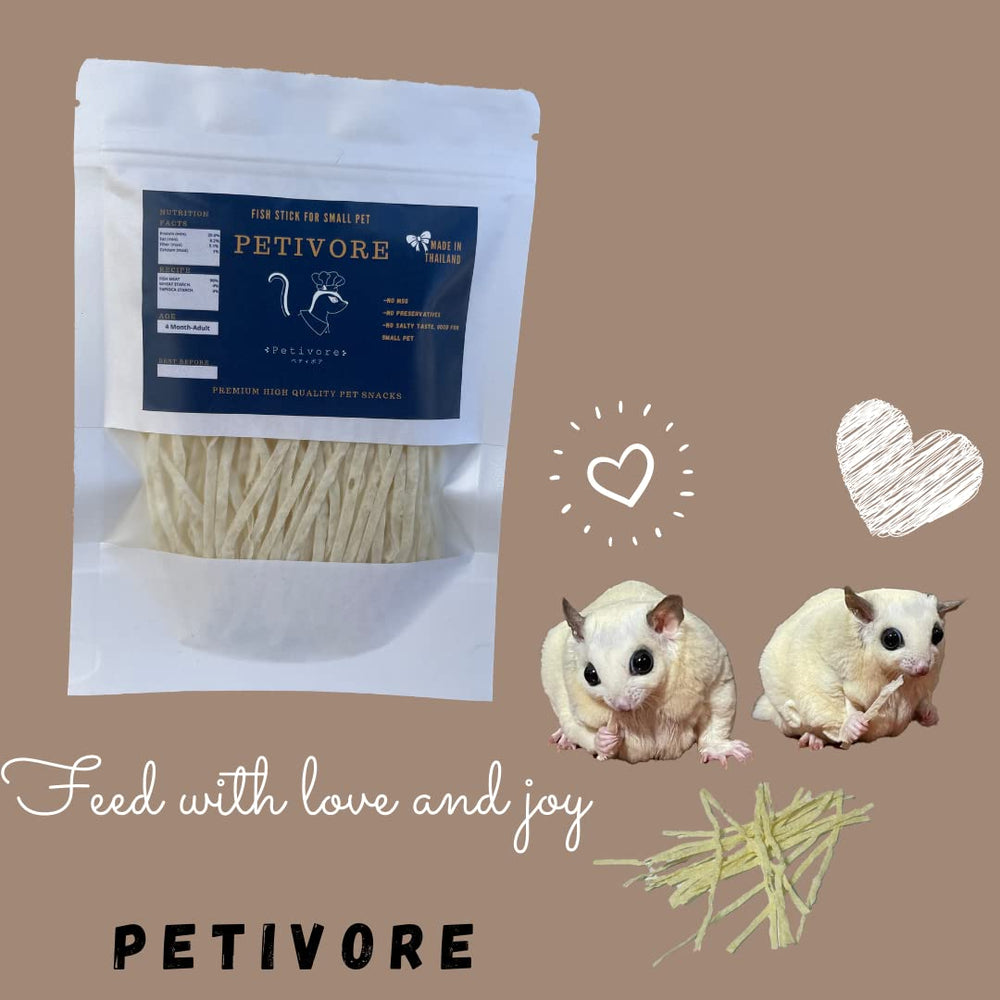 PETIVORE fish-stick enrichment snack for sugar gliders.