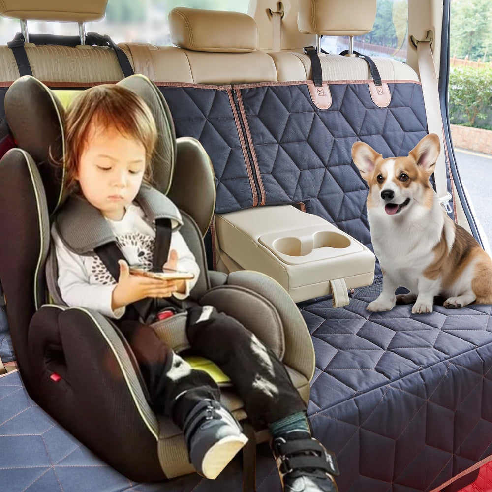 Petiza universal-fit back seat cover demonstrates 56x50 coverage protects upholstery during travel