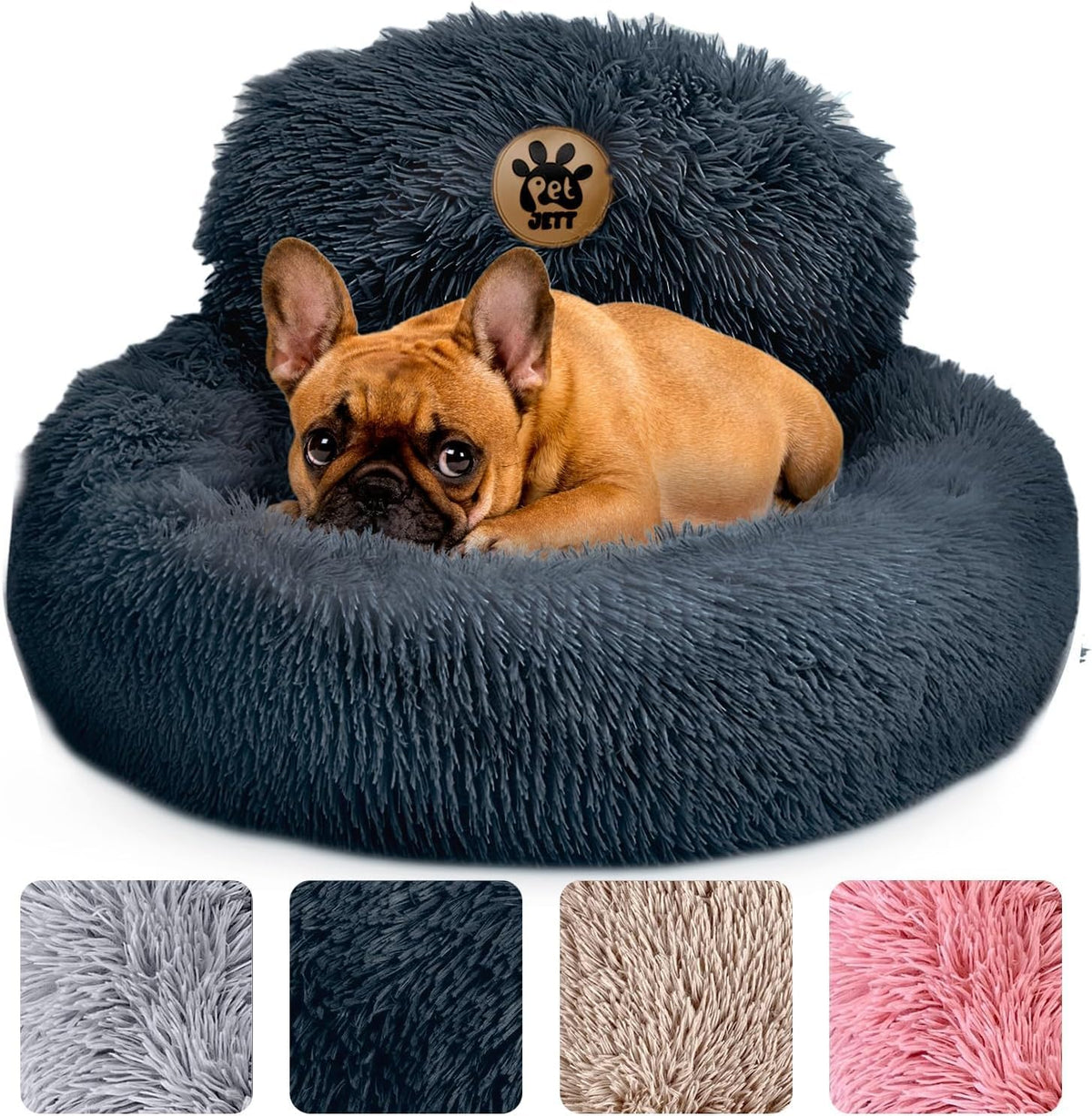 PET JETT Calming Donut Bed closeup fur highlighting plush comfort for cozy naps and calming vibe.