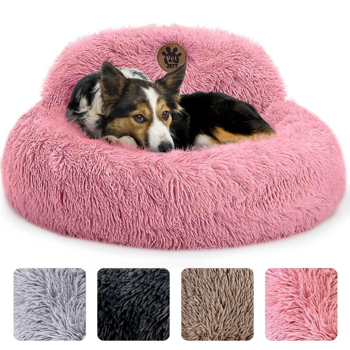 PET JETT calming medium dog bed round-30in-pink plush comfort for relaxed lounging.