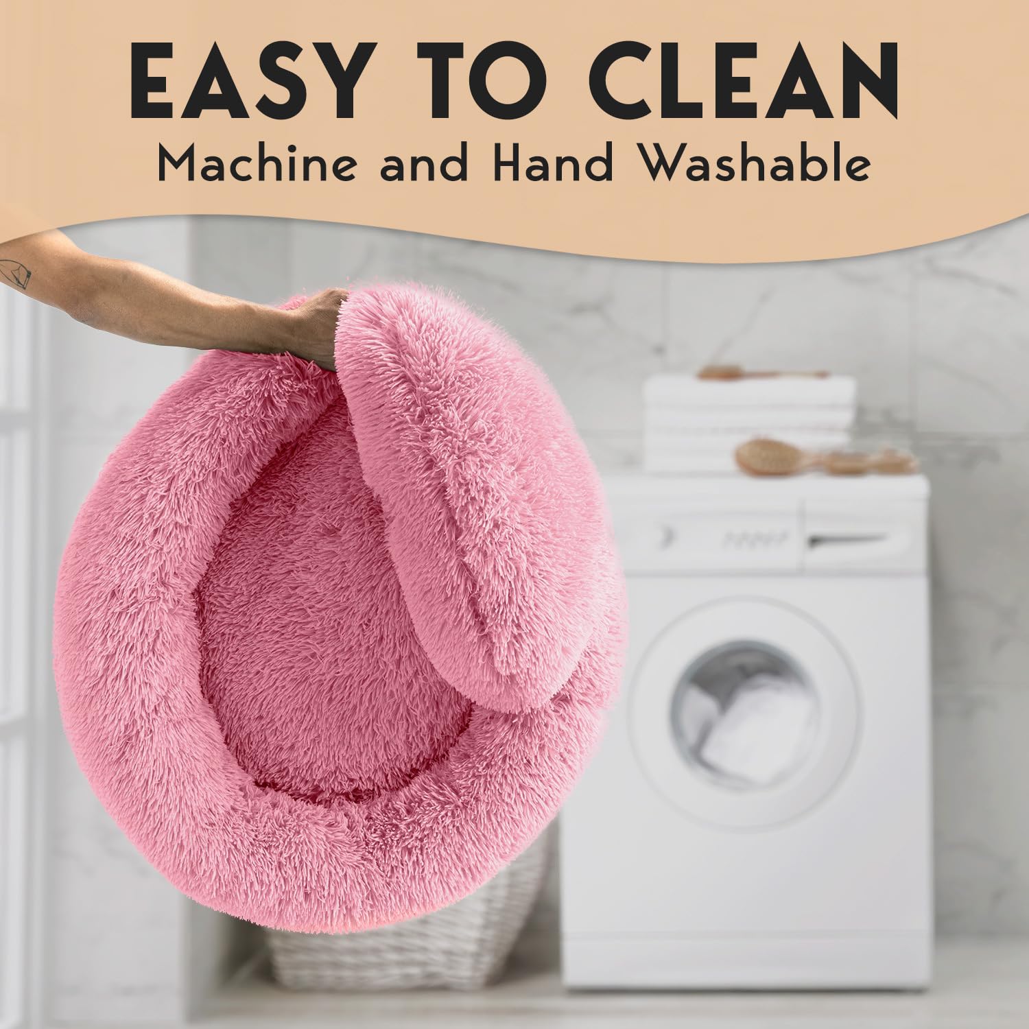 PET JETT machine-washable dog bed demonstrated for easy cleaning.