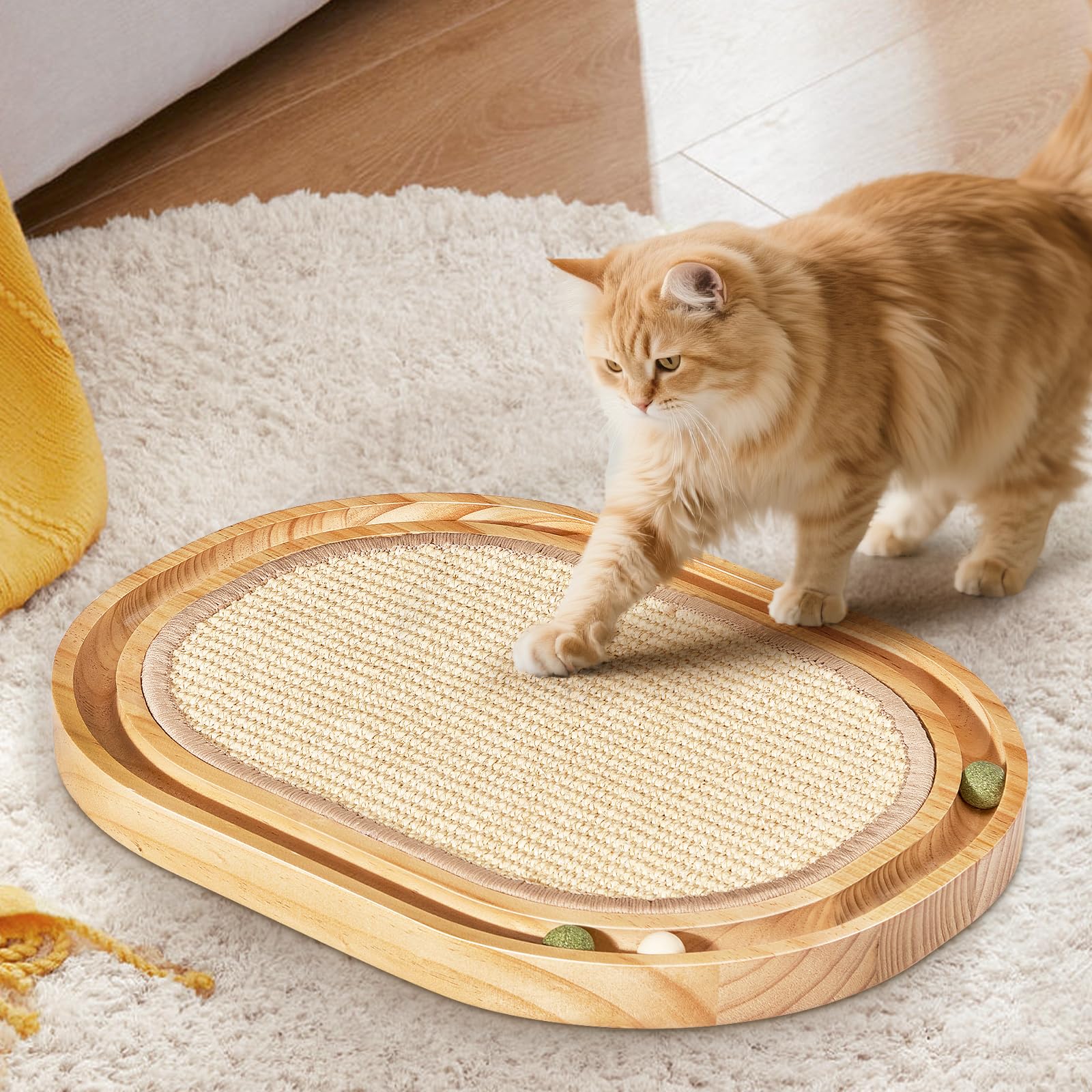 Petjoyi cat scratcher top view showing ball-track and paw-friendly design.
