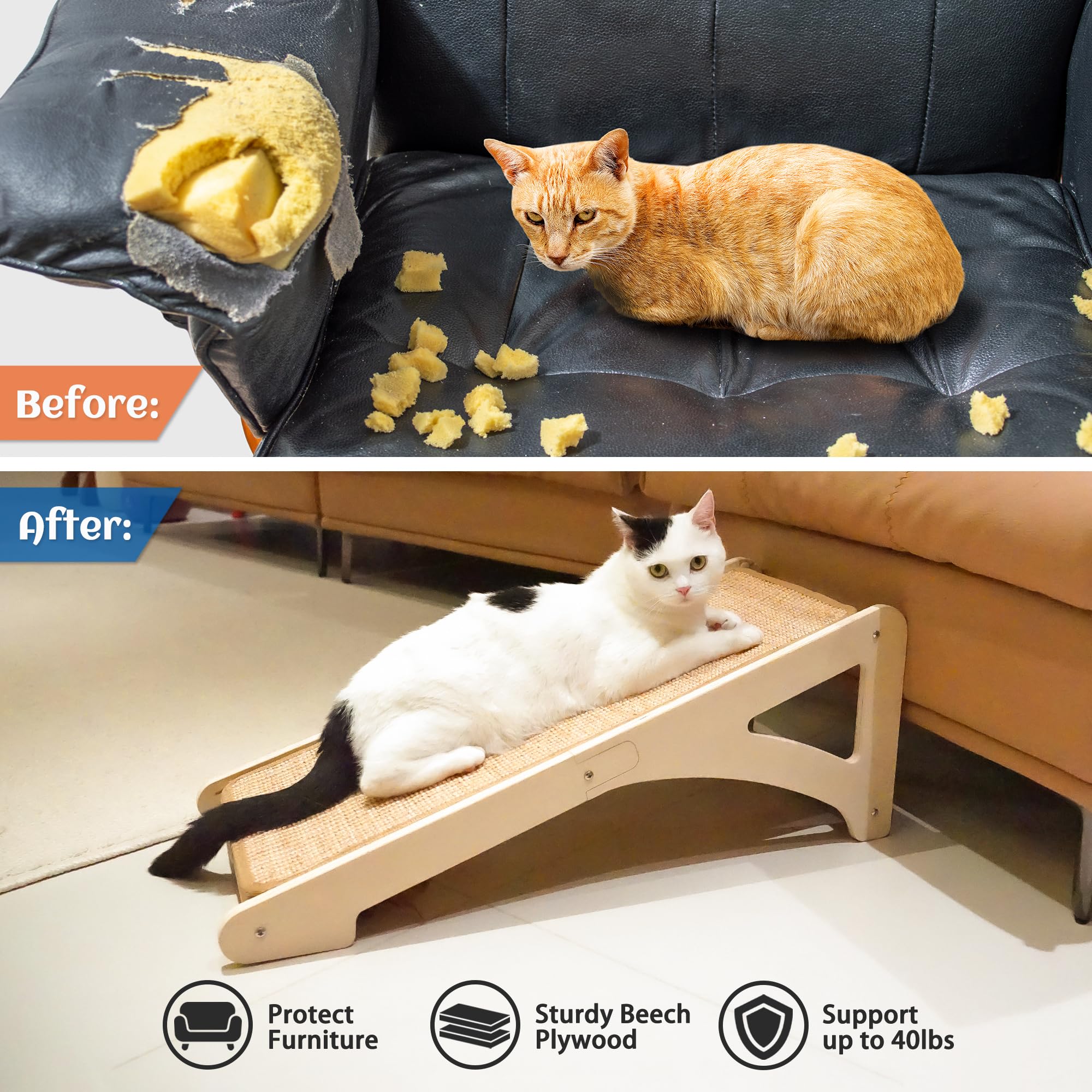 Petkaray cat scratcher uses durable sisal fiber that endures playful scratching.