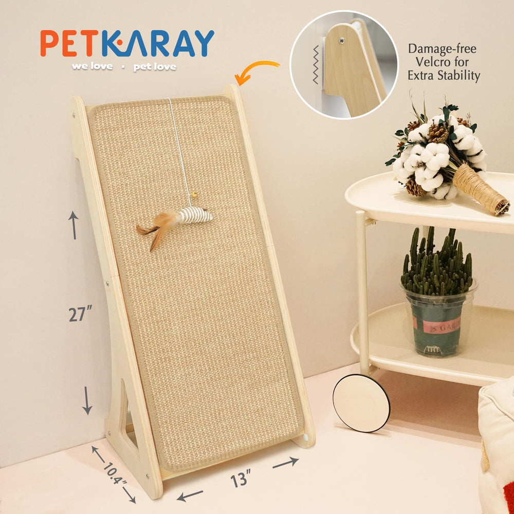 Petkaray cat scratcher includes catnip and a mouse toy to entice interaction.