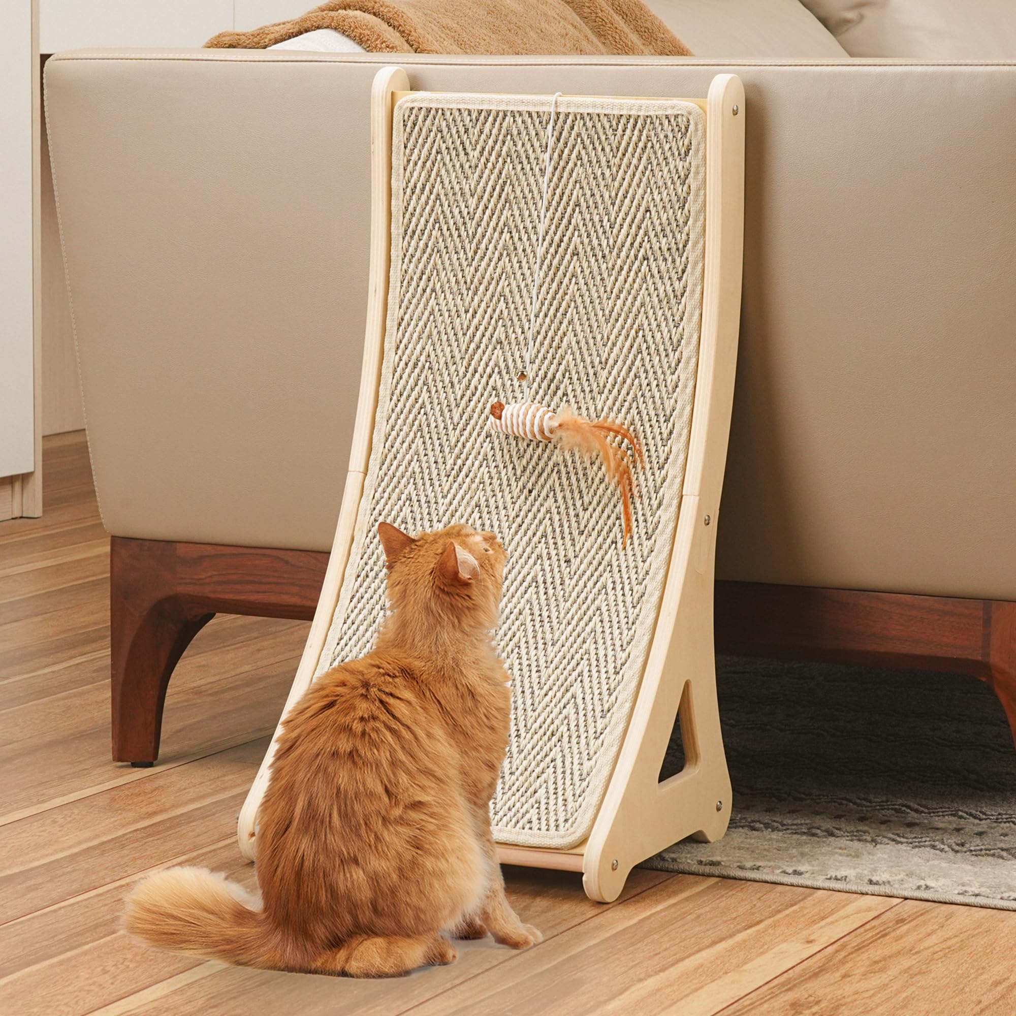 PETKARAY curved scratcher side view shows a sturdy wooden base for durable indoor use