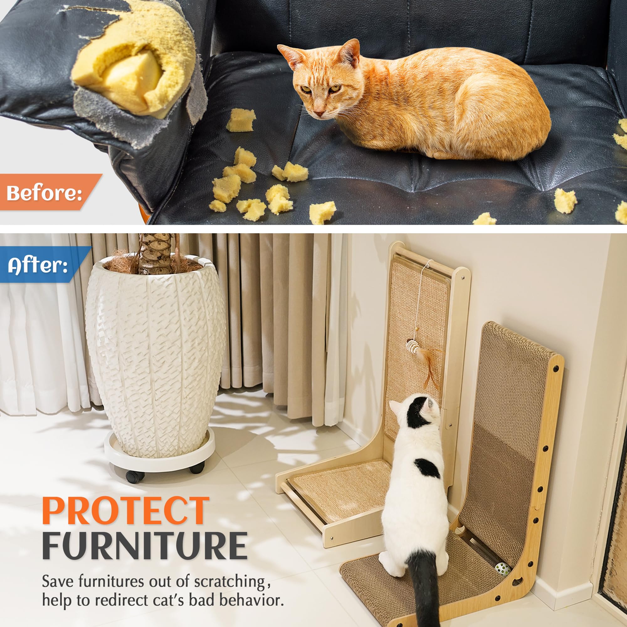 PETKARAY Floor-Standing Scratcher demonstrates versatile placement to protect furniture.