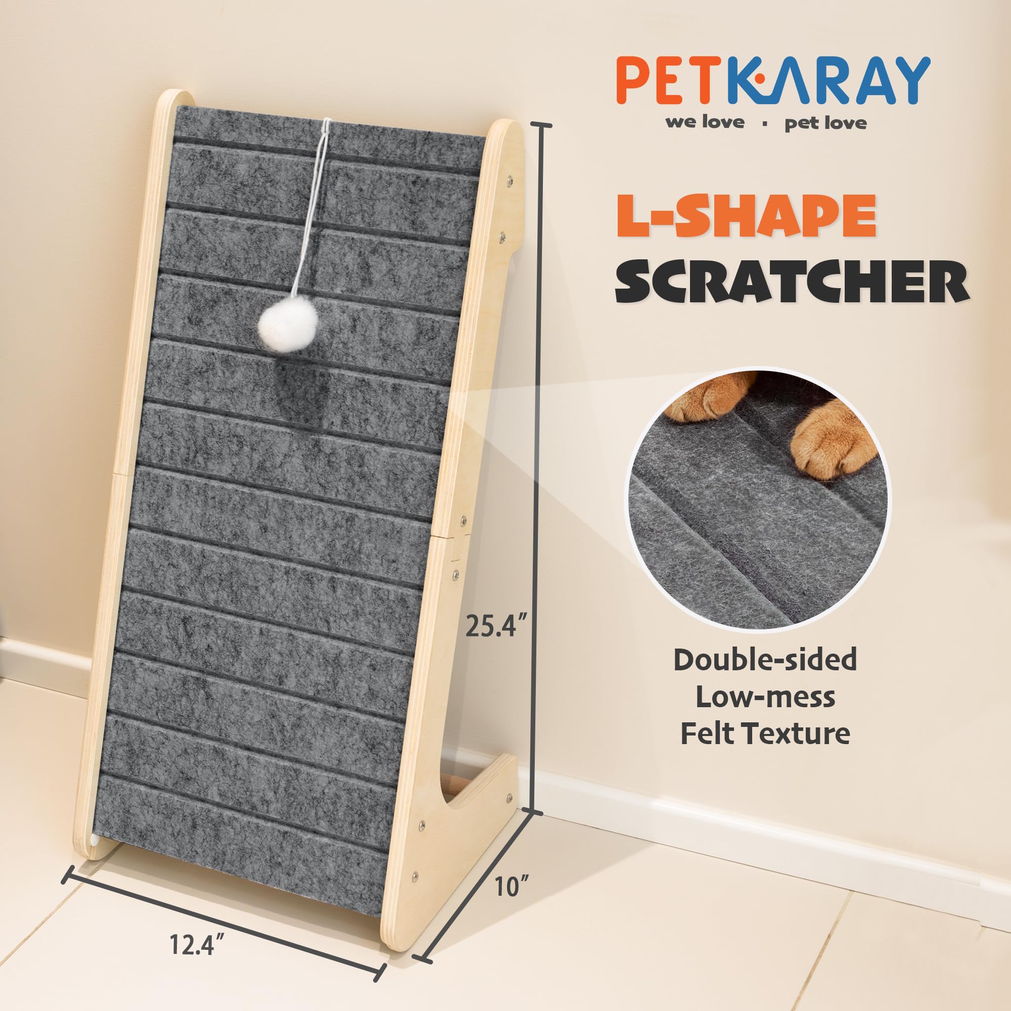 PETKARAY L-shaped scratcher pad mounted against a wall saves space.
