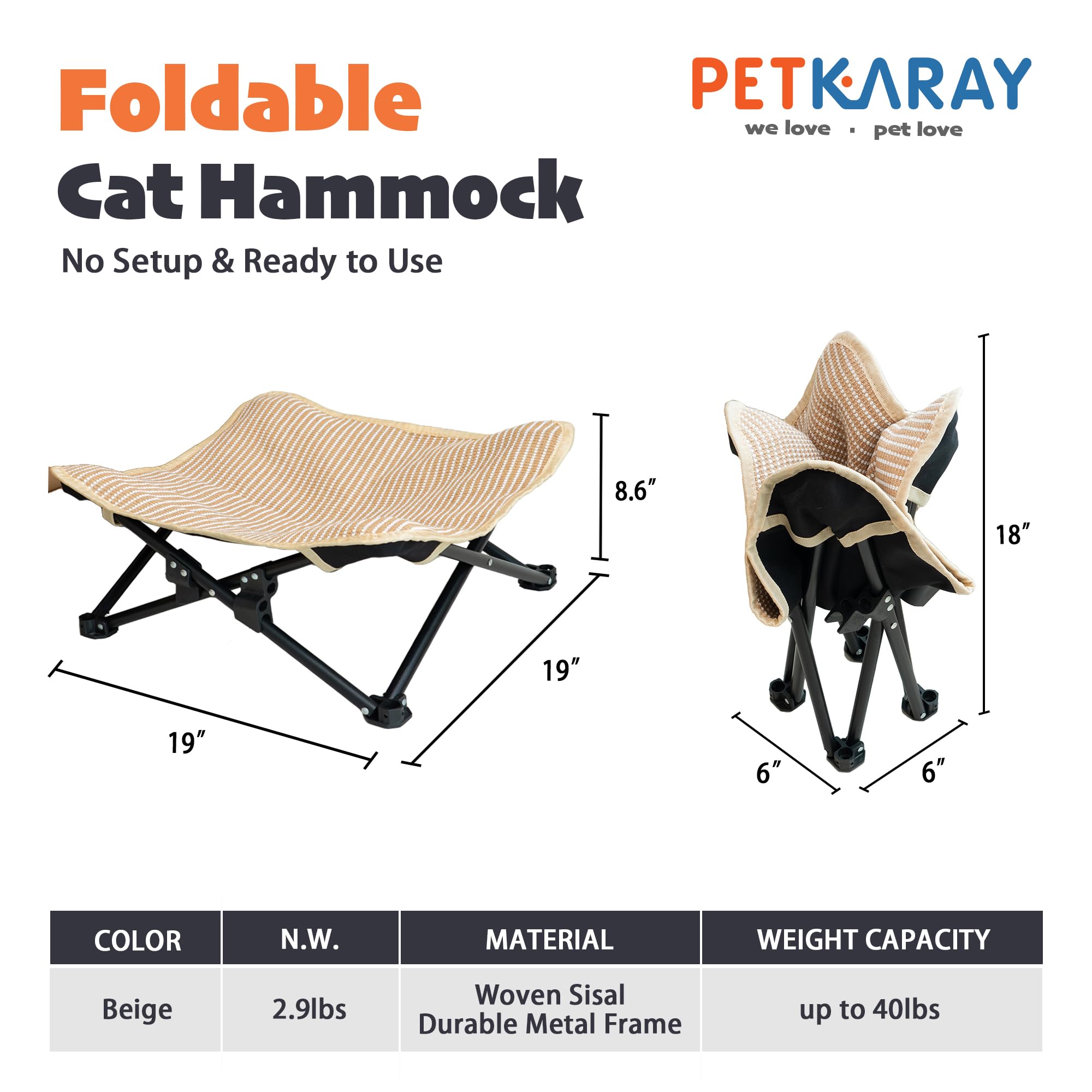 PETKARAY Raised Metal Frame Cat Hammock highlights elevated comfort, keeping paws dry and cozy.