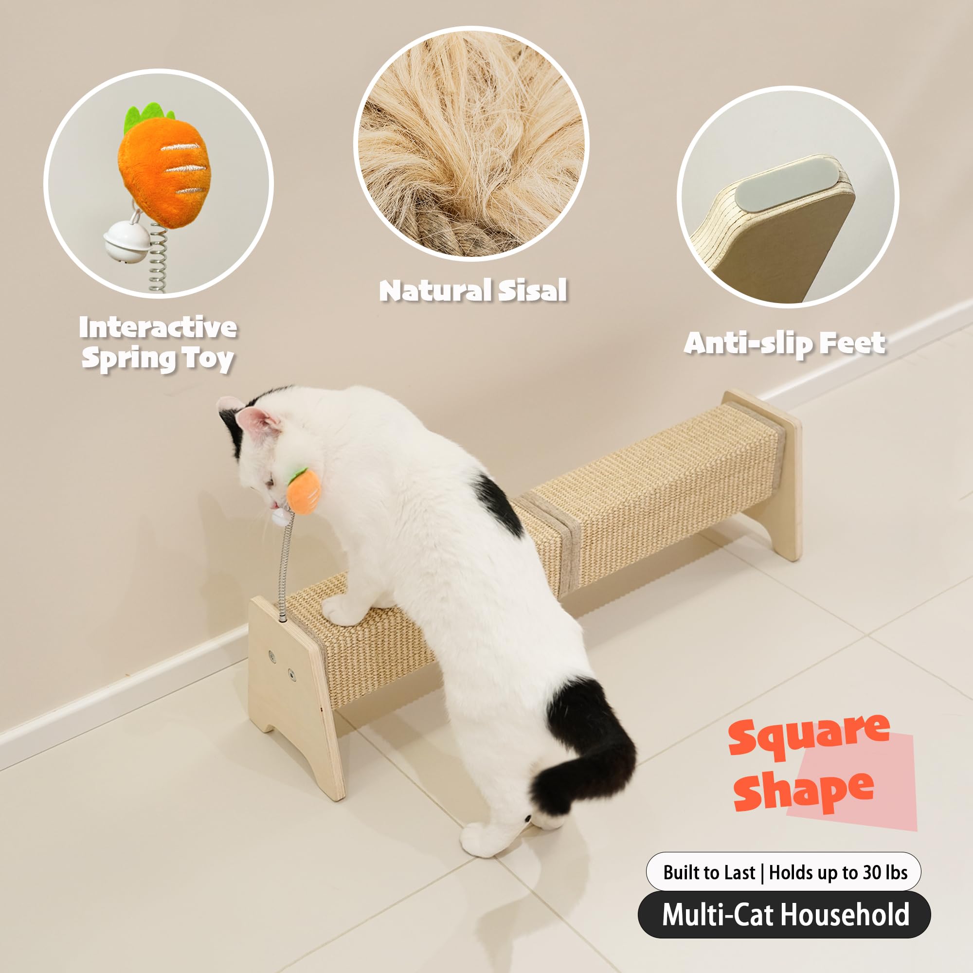 PetKARAY sisal cat scratcher with spring toy engages curious cats.