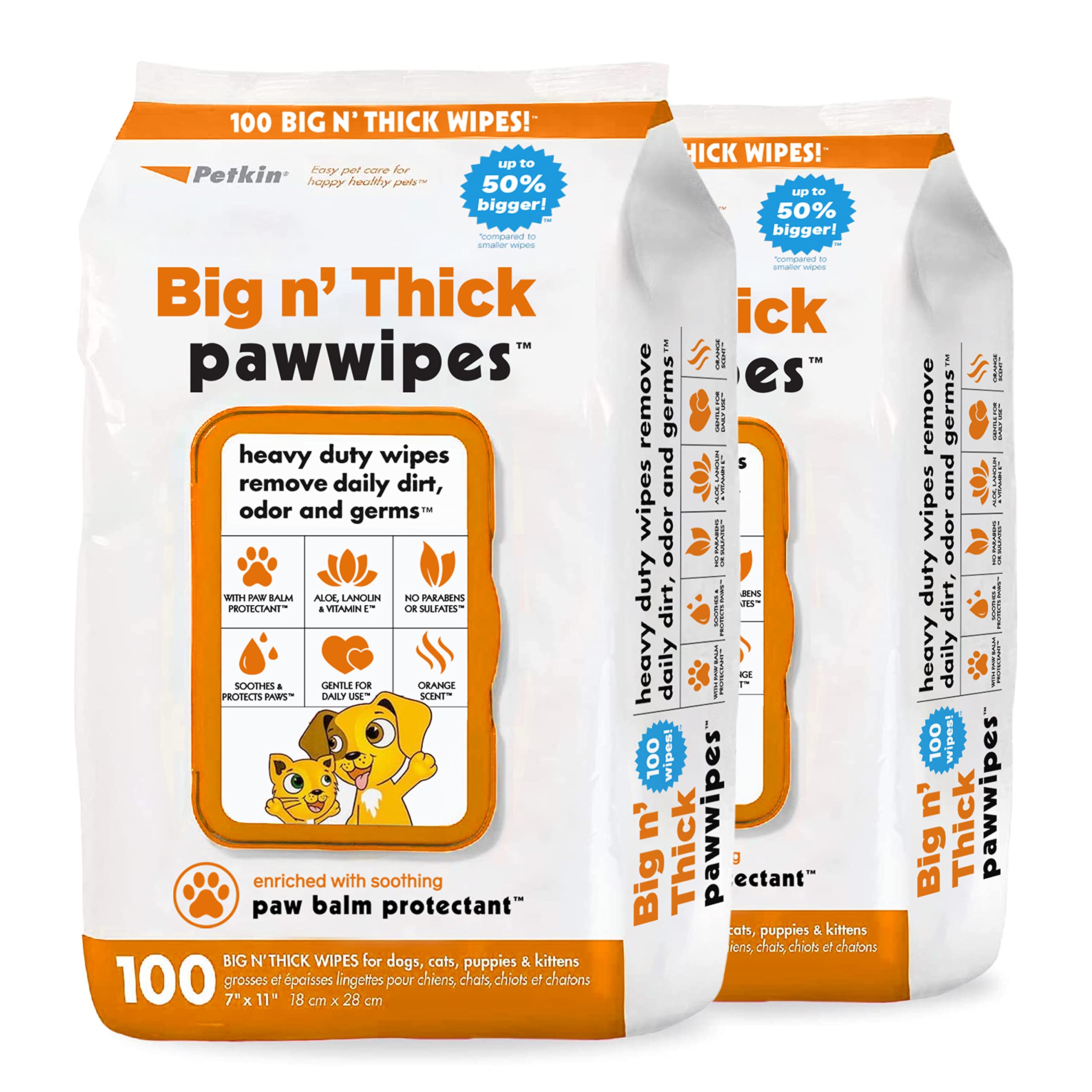 Petkin Big N' Thick paw wipes front-pack image for convenient post-walk cleanup