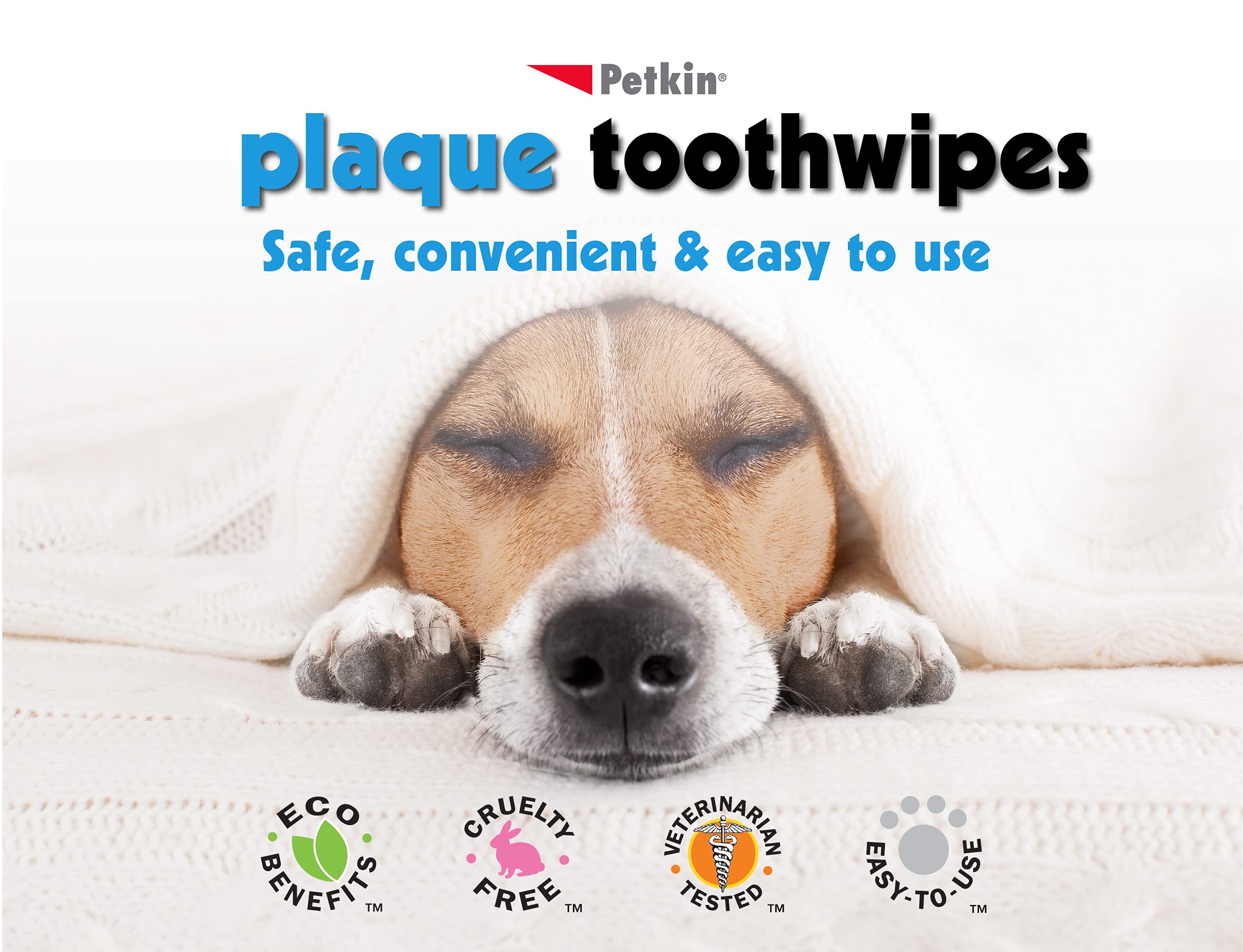 Petkin dental wipes closeup of teeth and gums with minty freshness.