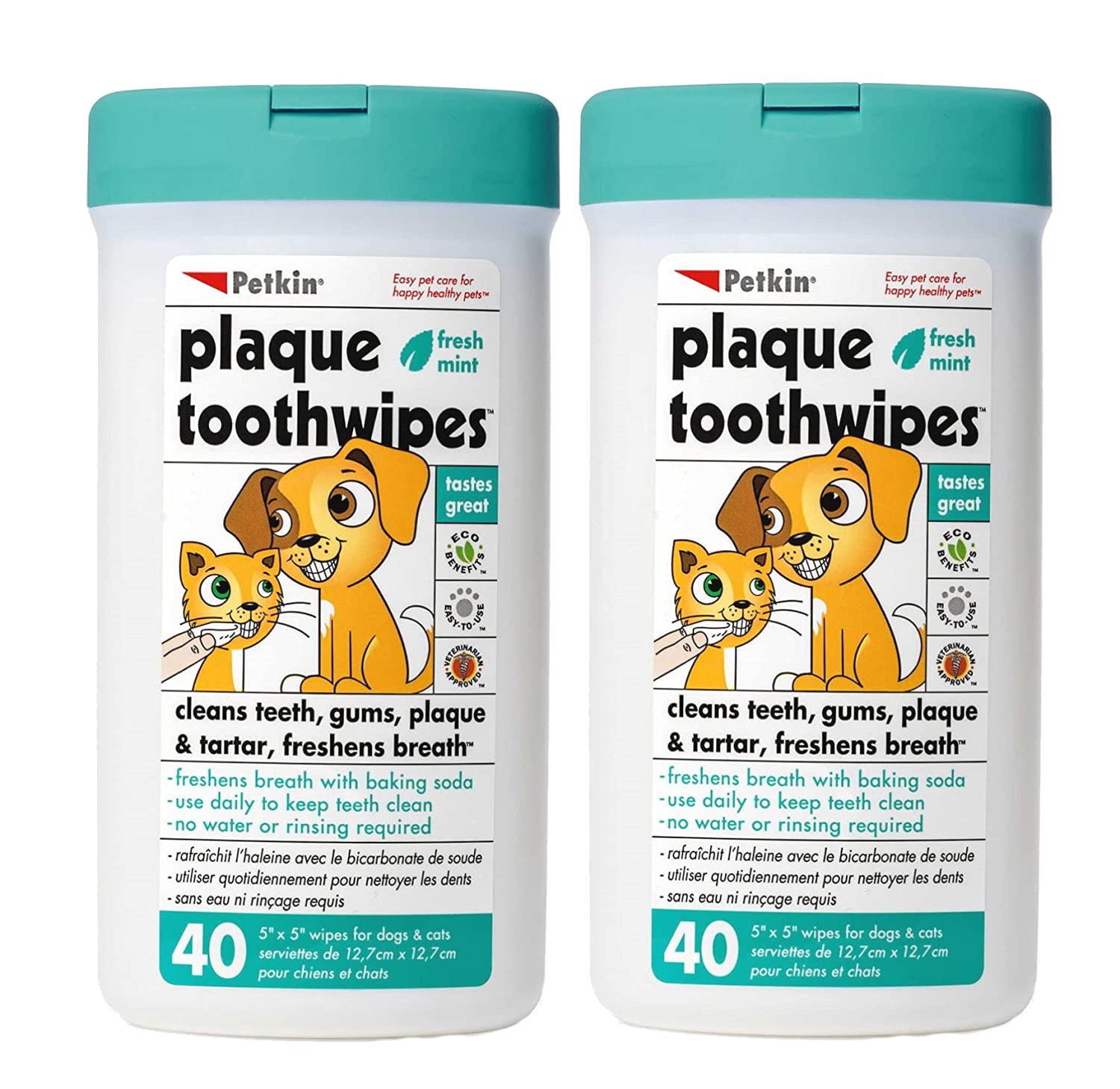 Petkin dental wipes Fresh Mint packaging, two 40-wipe packs for convenient daily dental care.