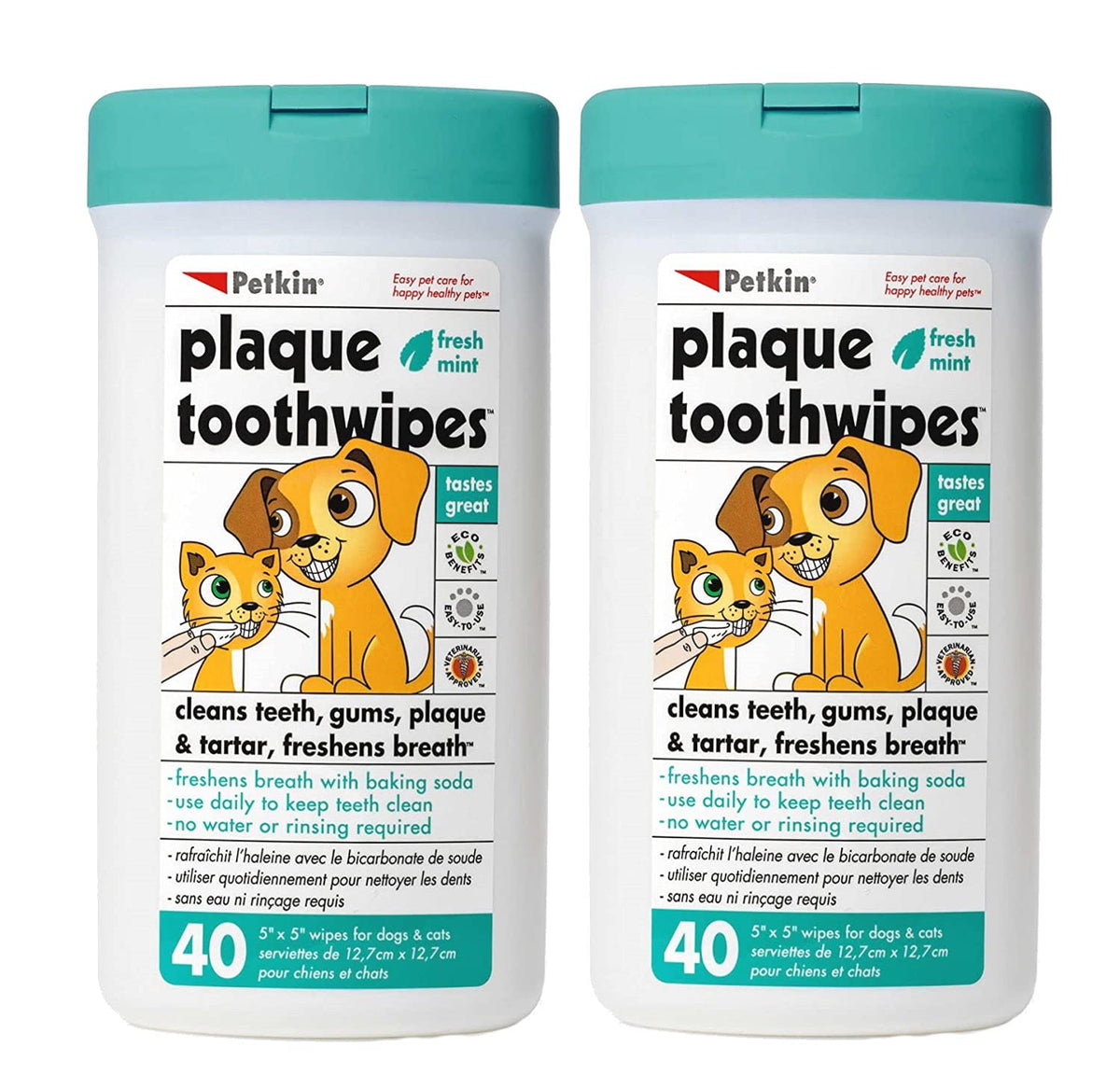 Petkin dental wipes Fresh Mint packaging, two 40-wipe packs for convenient daily dental care.