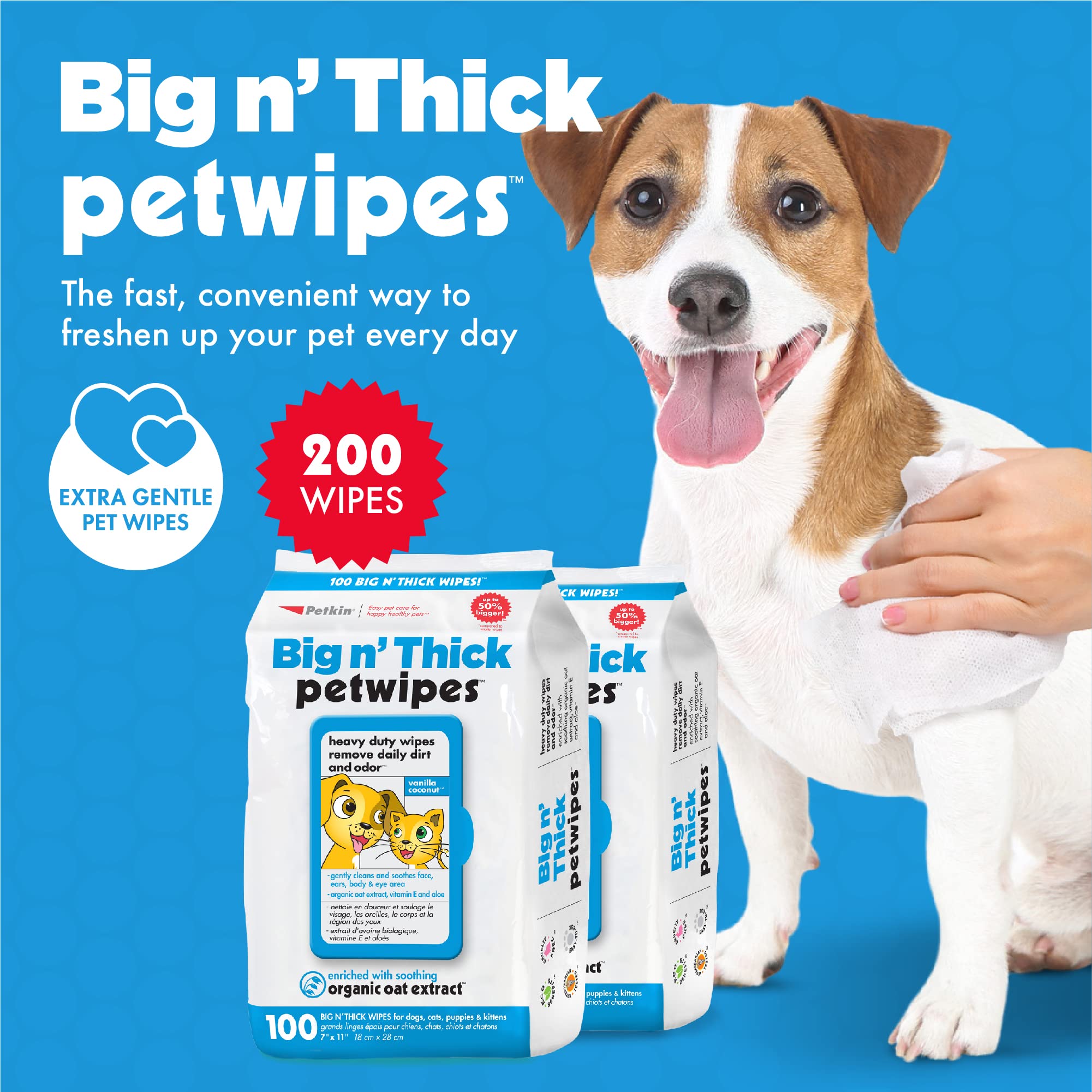 Petkin Large Pet Wipes label closeup, vanilla-coconut scent for a pleasant fragrance.