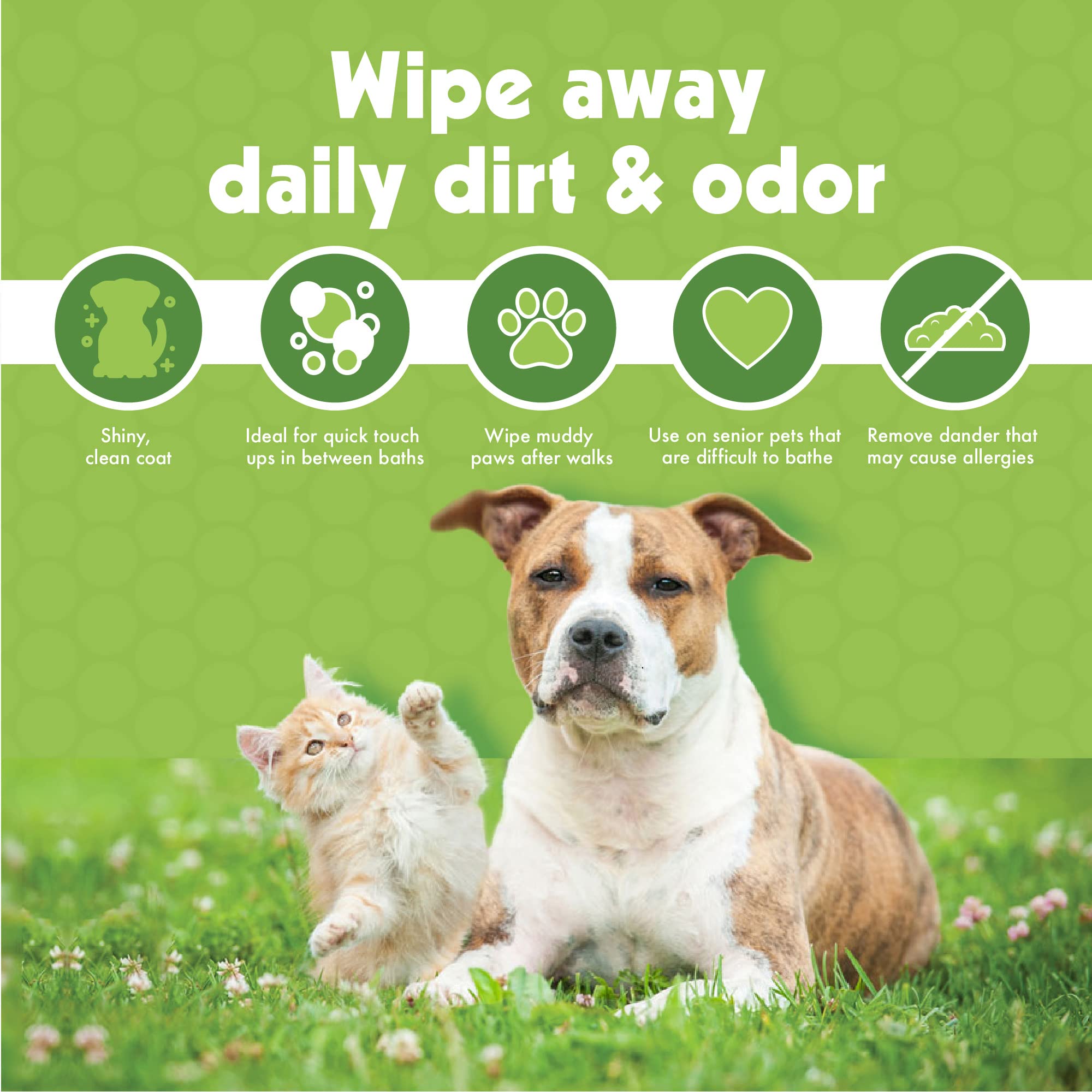 Petkin Mega PetWipes fresh scent keeps pets smelling clean after use.