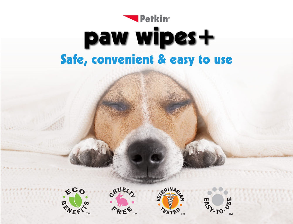 Petkin Paw Wipes Plus moistened with aloe for gentle cleansing.