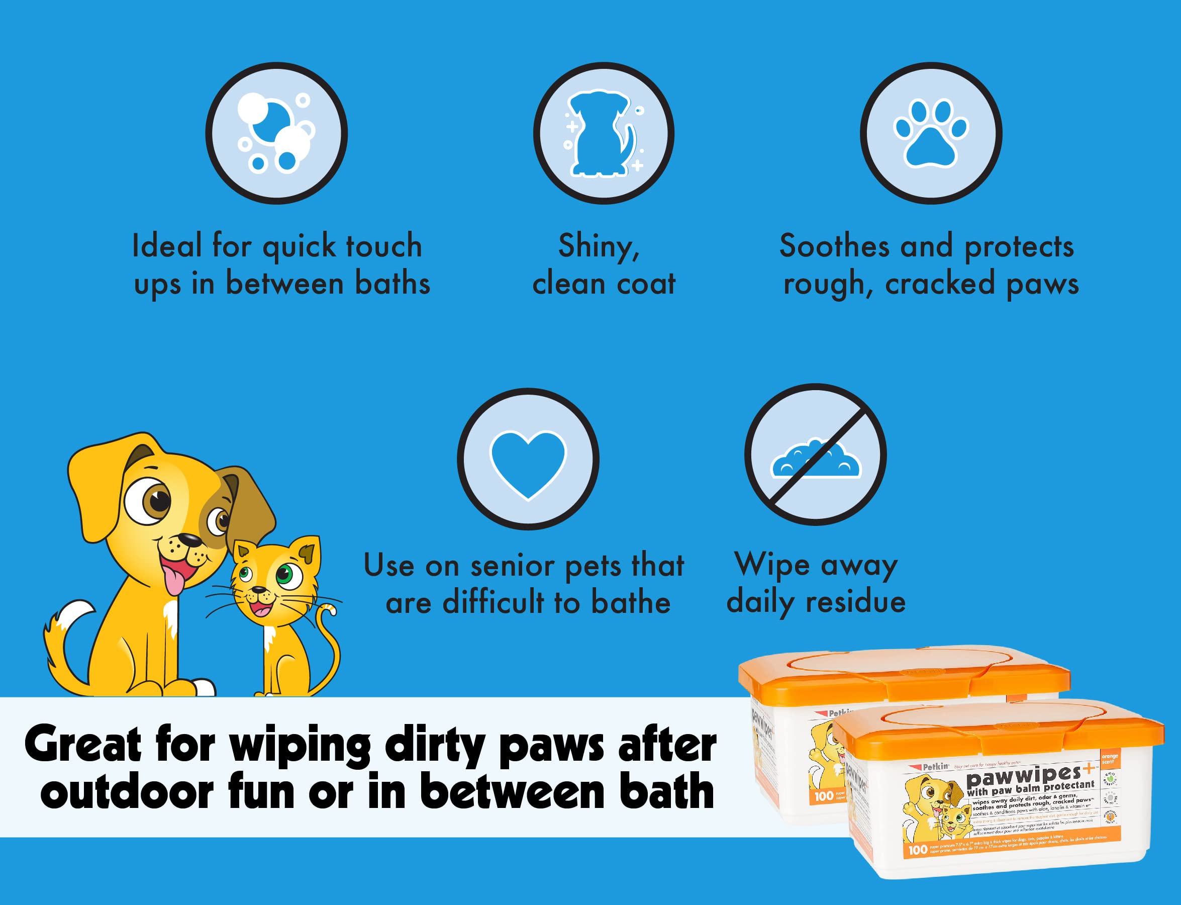 Petkin Paw Wipes Plus resealable tub keeps wipes moist during travel.
