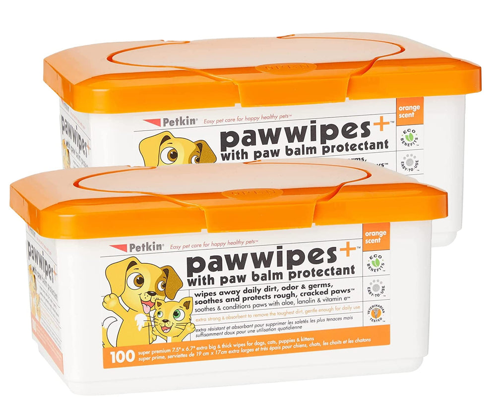 Petkin Paw Wipes Plus two-pack tub for quick paw cleanup on the go.