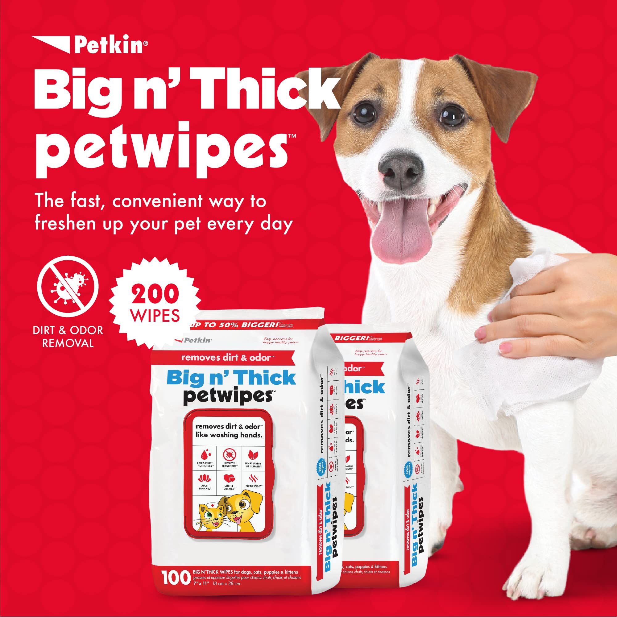 Petkin Pet Wipes 7x11-inch size provides efficient coverage for larger pets.