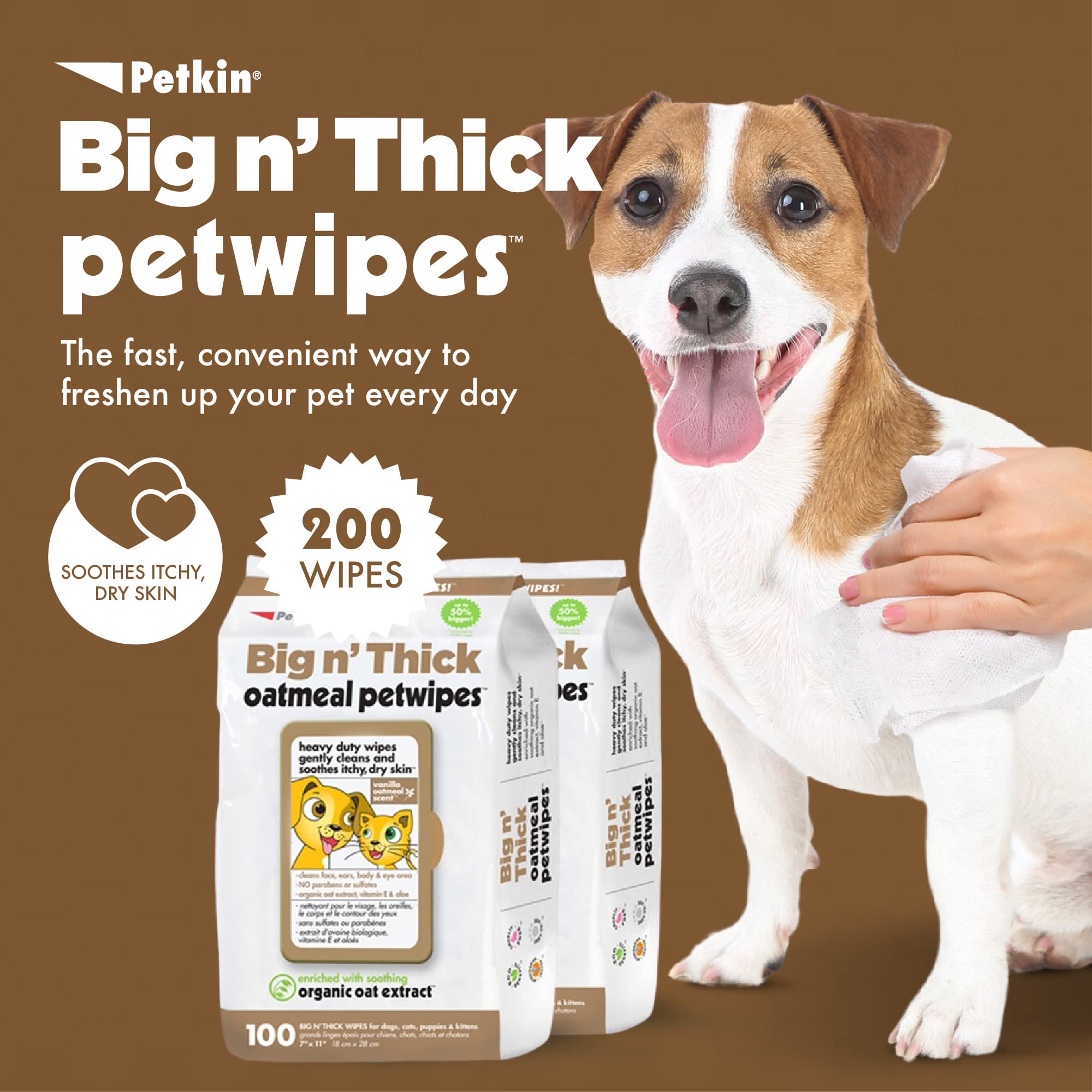 Closeup of large 7x11 inch Petkin wipes for efficient full-body cleanups.