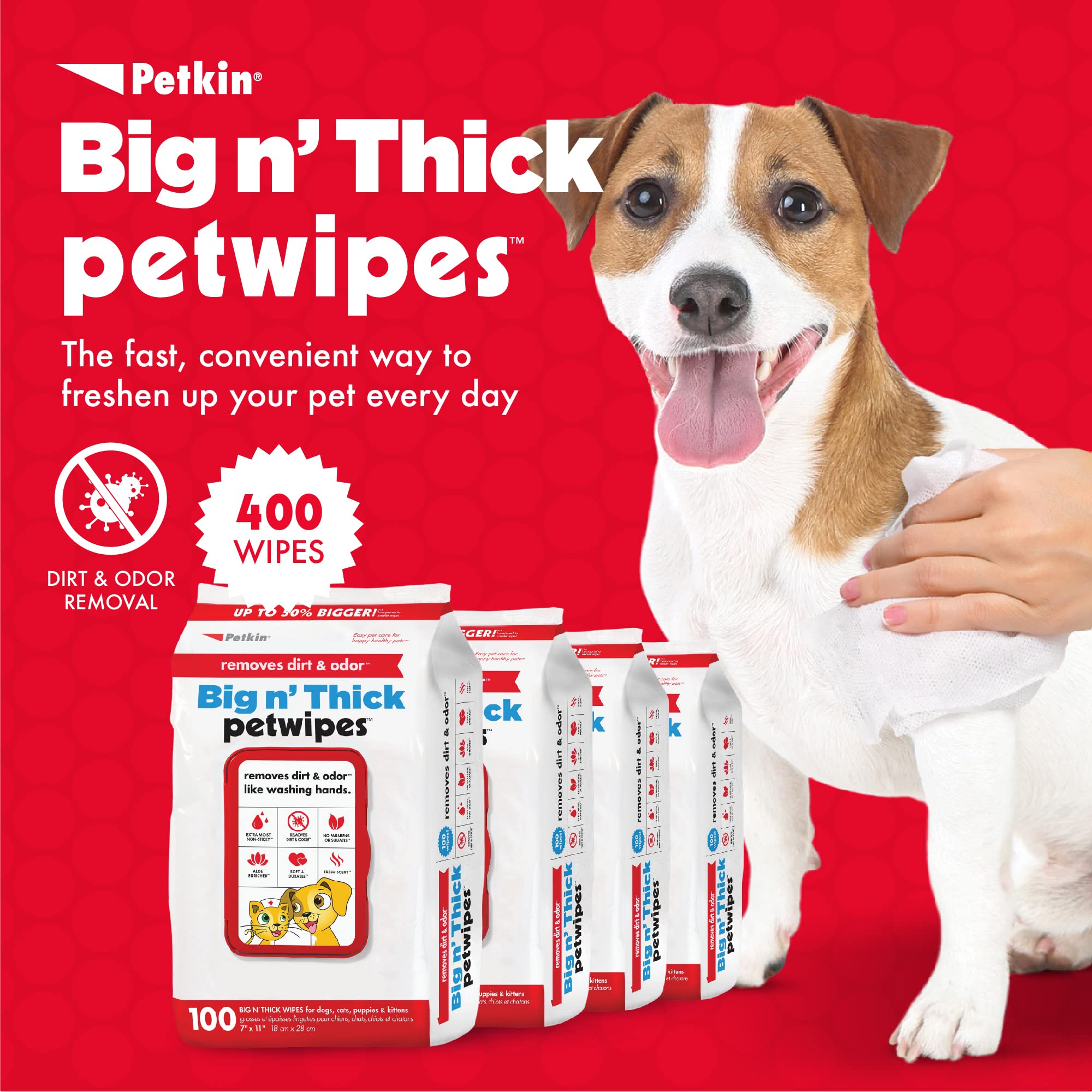 Petkin Pet Wipes large 7x11 inch sheet for efficient full-body cleaning.